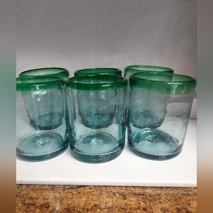 Hand Blown Heavy Green Rimmed Set of  6 Glasses.